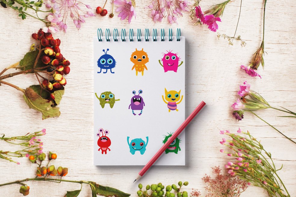 Cute little monsters clipart set preview image.