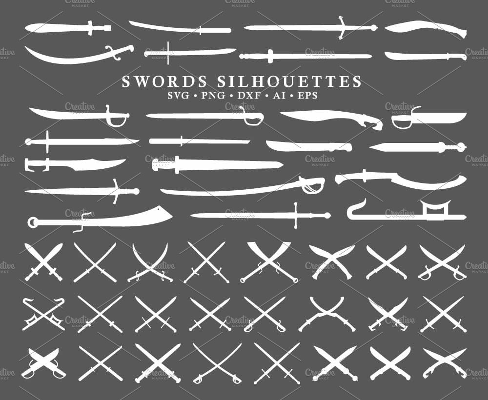 48 Swords Silhouettes Vector pack preview image.