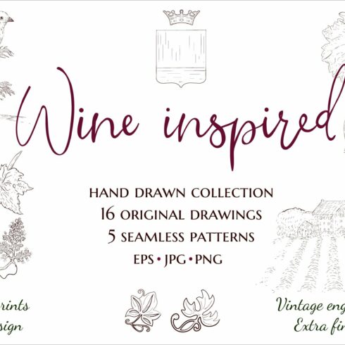 Wine inspired collection. Hand drawn cover image.