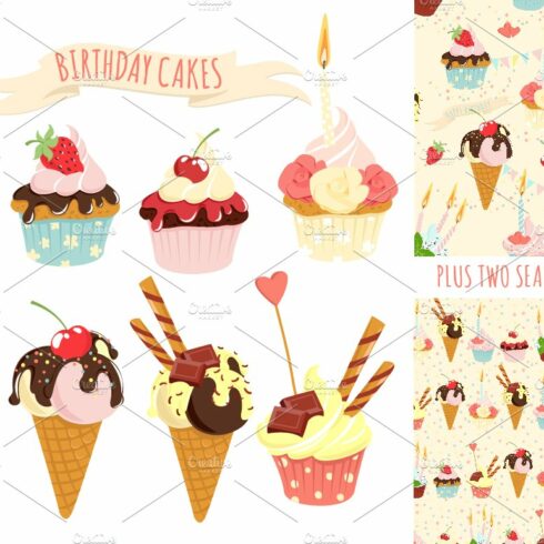 Birthday cupcakes icon set+ patterns cover image.