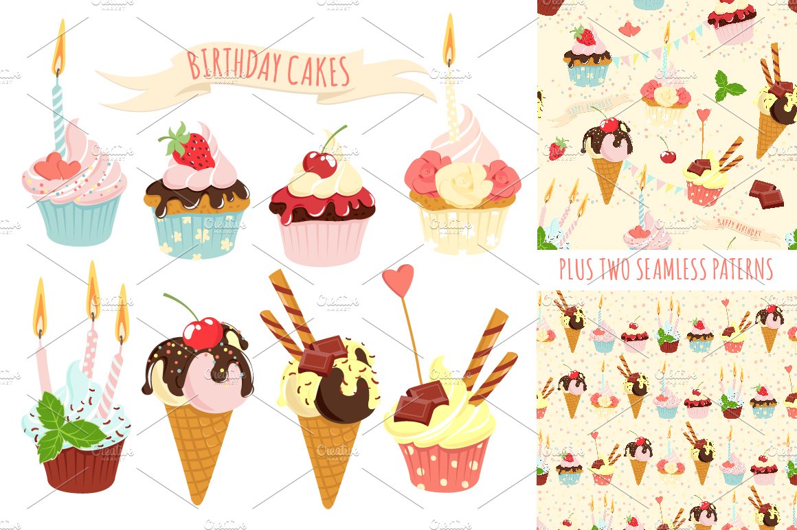 Birthday cupcakes icon set+ patterns cover image.