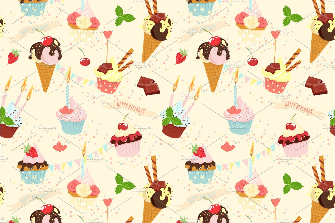 Birthday cupcakes icon set+ patterns preview image.