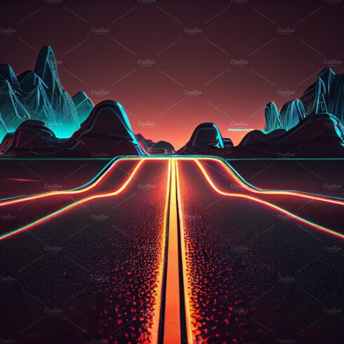 Road design neon glow moving forward. High speed road in night time abstrac... cover image.