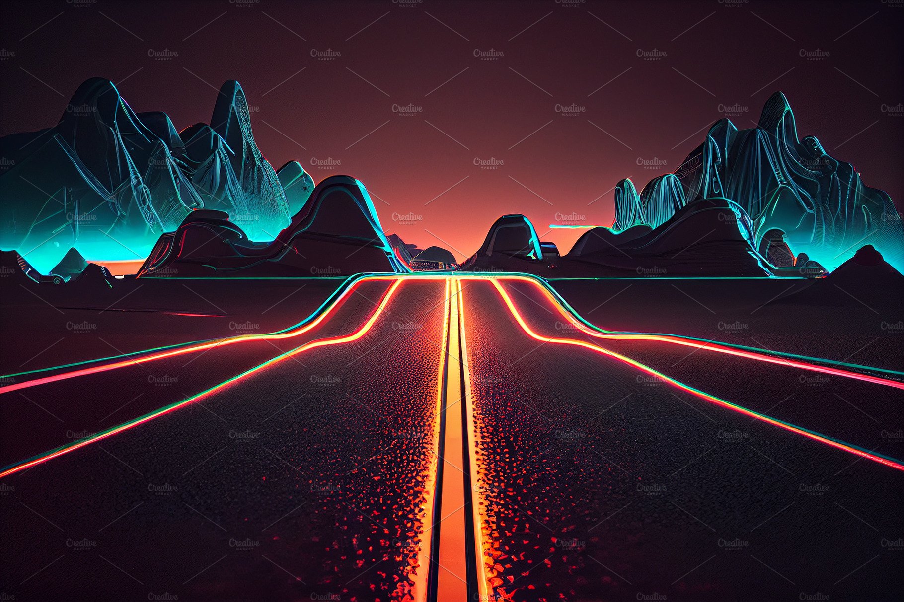 Road design neon glow moving forward. High speed road in night time abstrac... cover image.