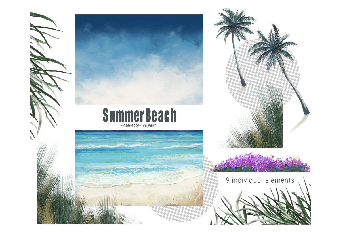 Watercolor Beach Landscape Clipart preview image.