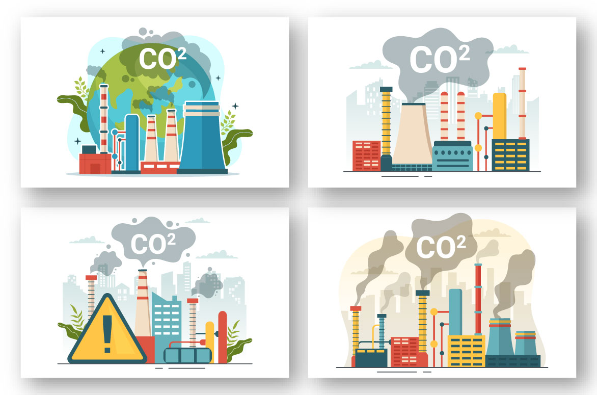 Series of four illustrations depicting the different types of air pollution.