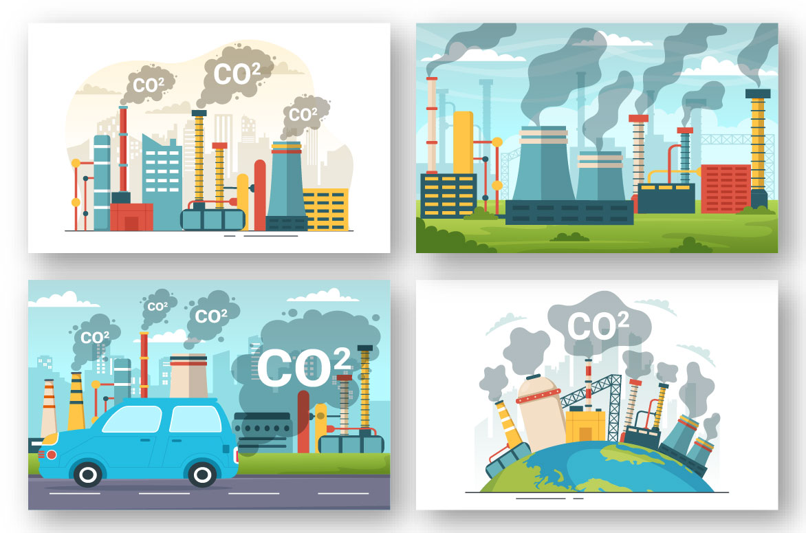 Series of four posters depicting different types of pollution.