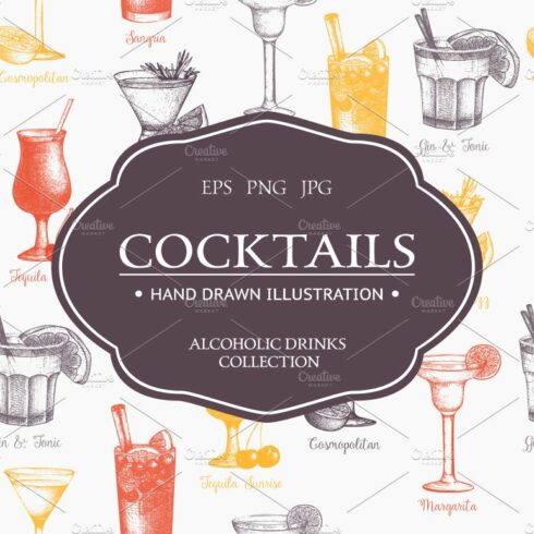 Alcoholic drinks vector sketches cover image.