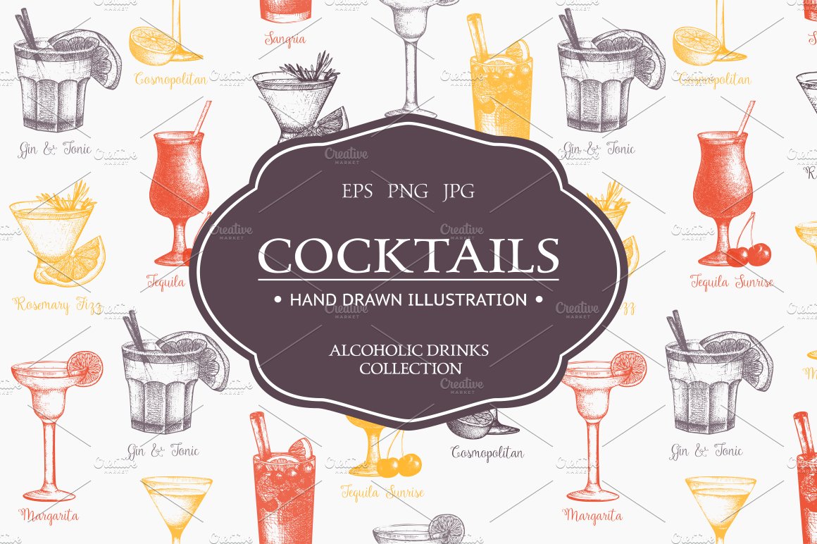 Alcoholic drinks vector sketches cover image.
