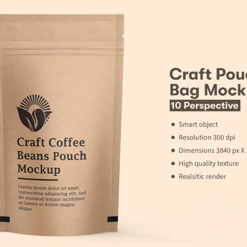 Craft Paper Coffee Pouch Bag Mockup cover image.