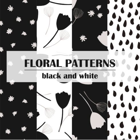 Set of modern seamless floral patterns for printing, in white, black and pastel colors Background flowers, patterns, wallpaper, design paper Vector illustration cover image.