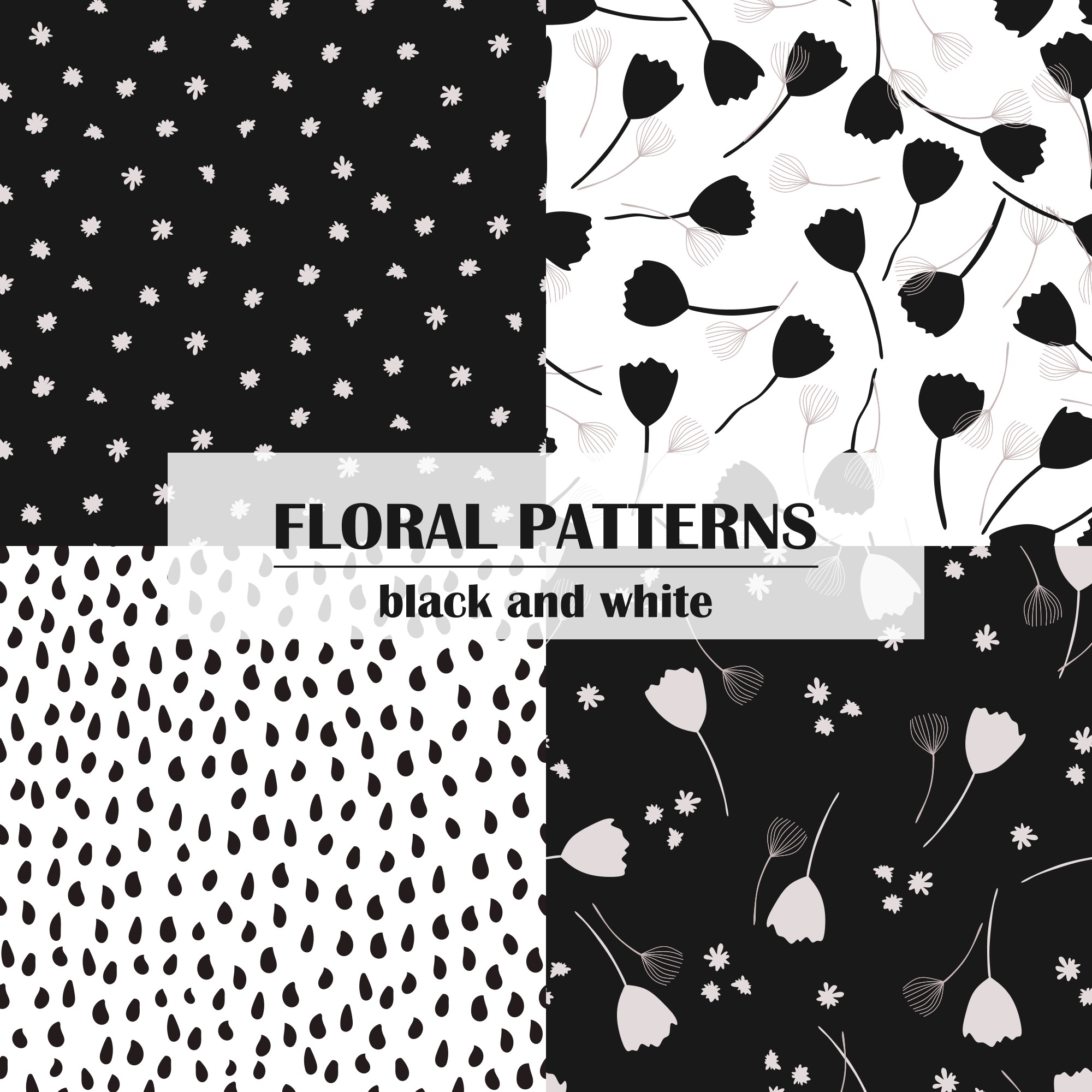 Set of modern seamless floral patterns for printing, in white, black and pastel colors Background flowers, patterns, wallpaper, design paper Vector illustration pinterest preview image.
