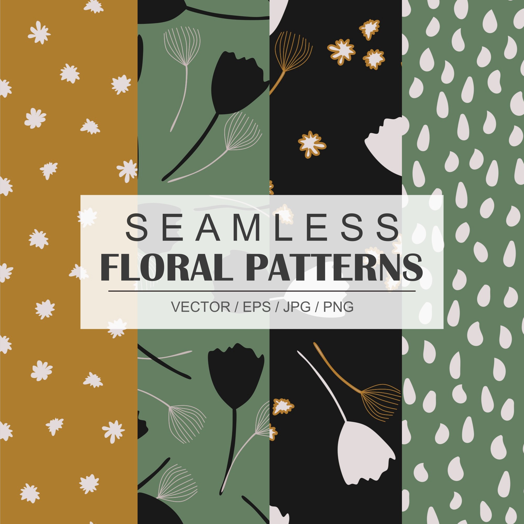Set of modern seamless floral patterns for printing in green, black, mustard colors Background flowers, patterns, wallpaper, design paper Vector illustration preview image.