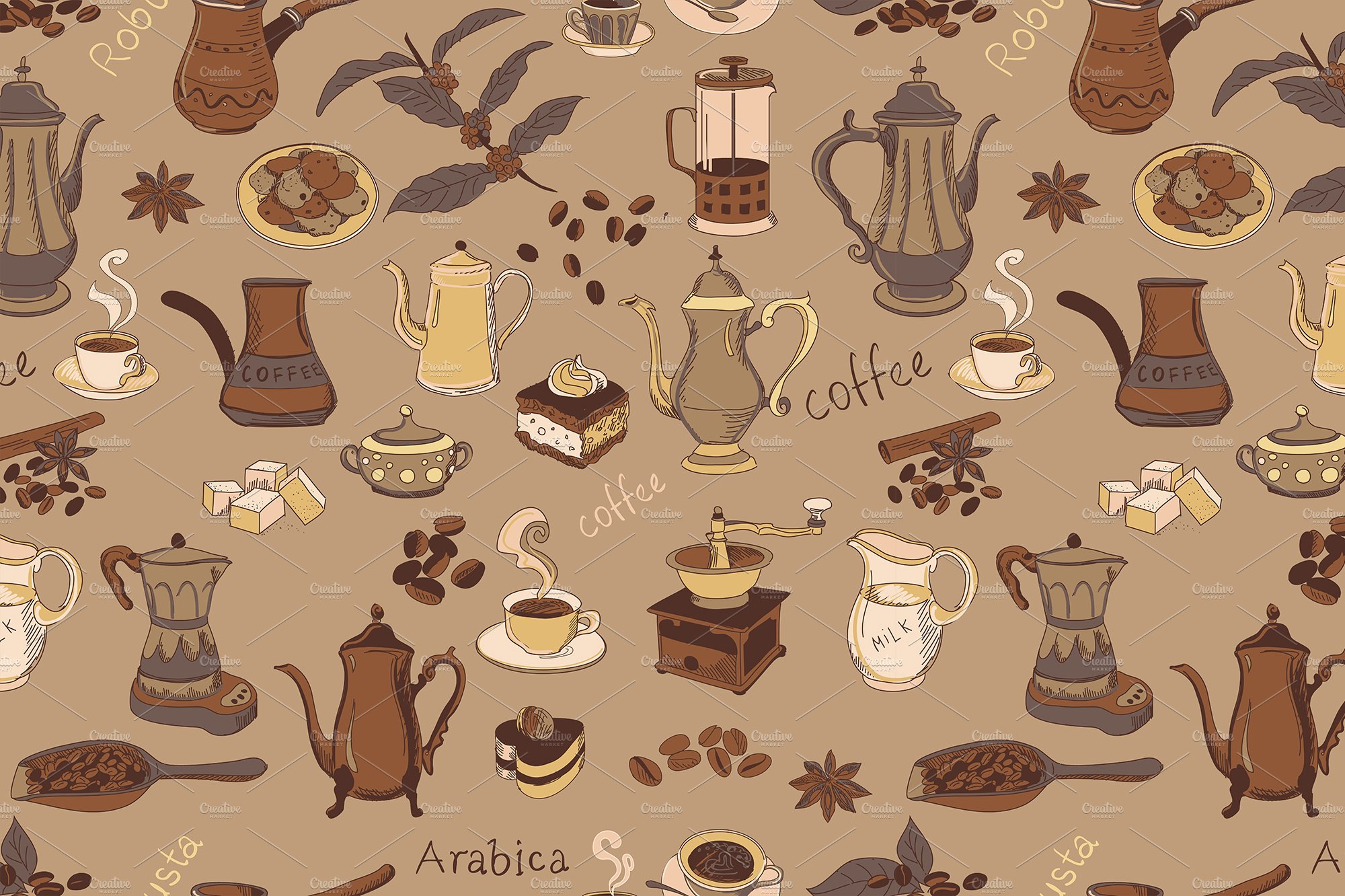 colored coffee seamless pattern cover image.