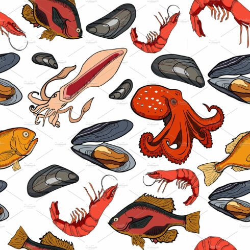 Pattern with set of colored sea food cover image.