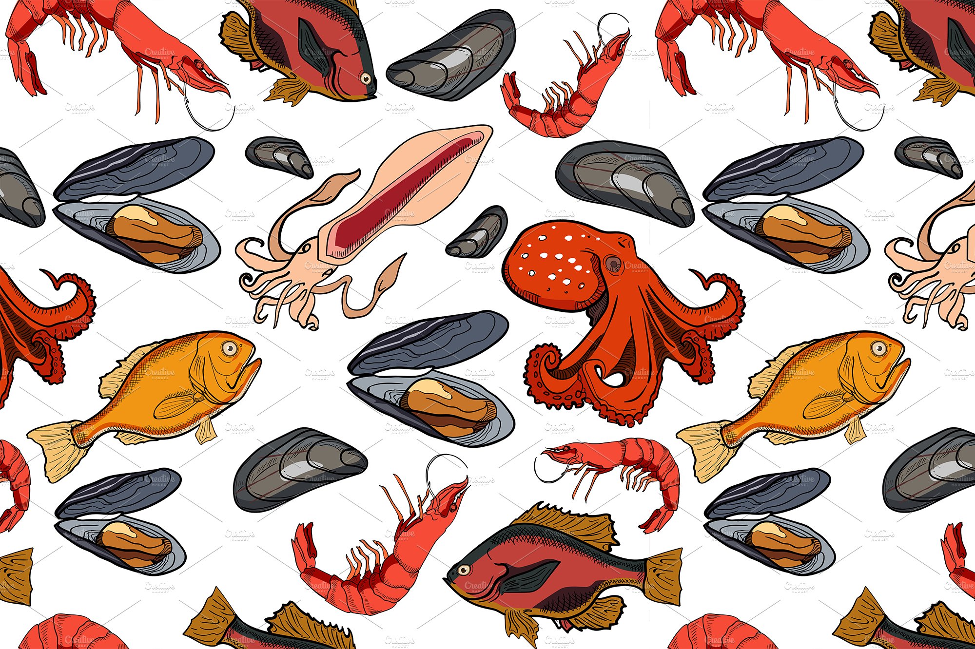 Pattern with set of colored sea food cover image.