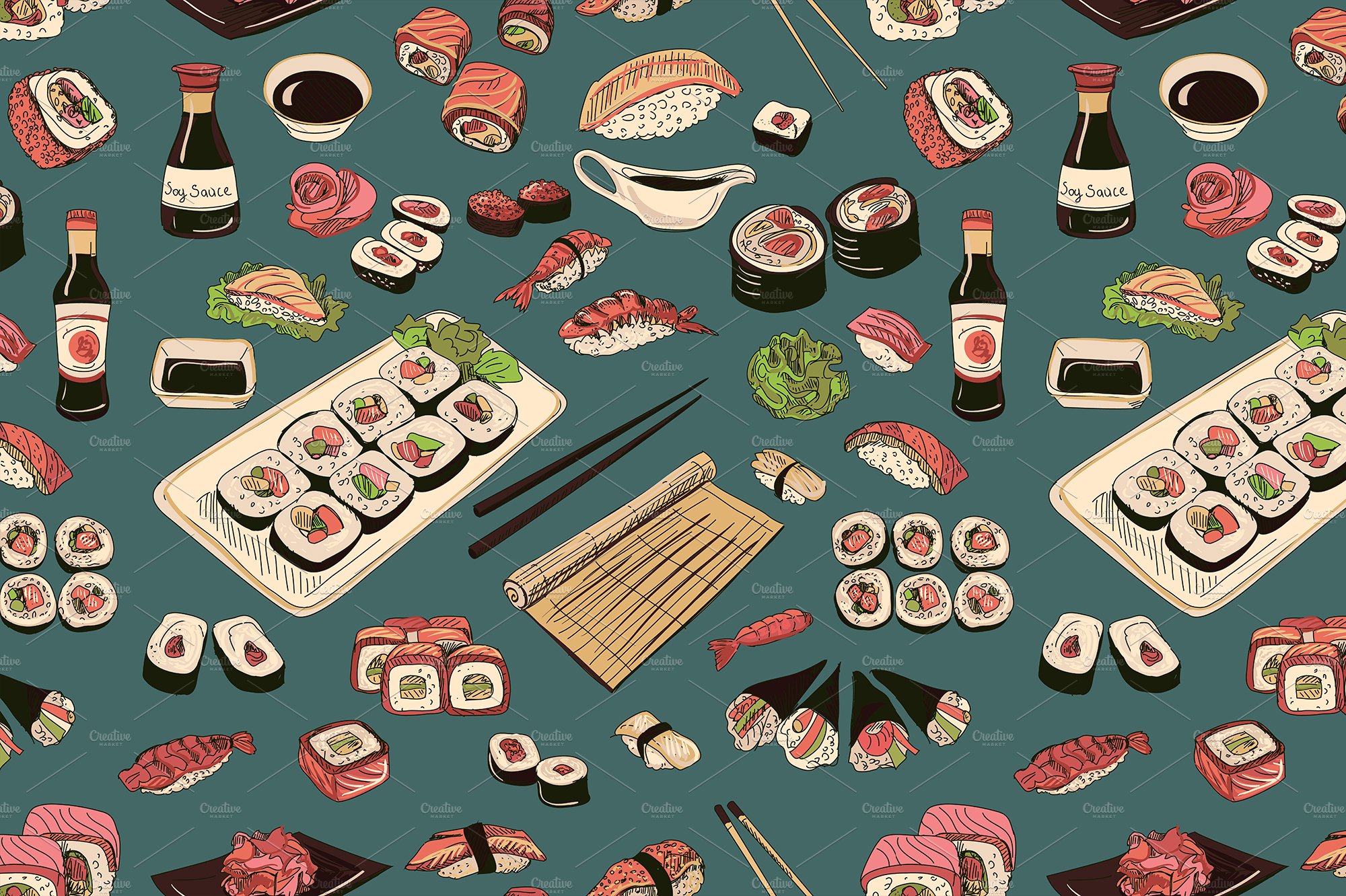 Colored Sushi and rolls pattern cover image.