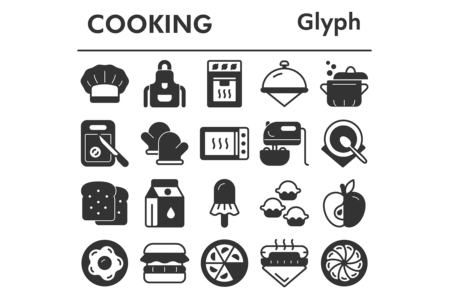 Cooking icons set, glyph style pinterest preview image.