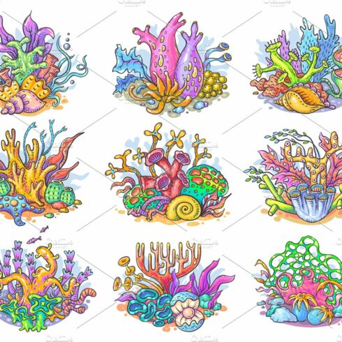 Cartoon corals sea ocean clipart set cover image.