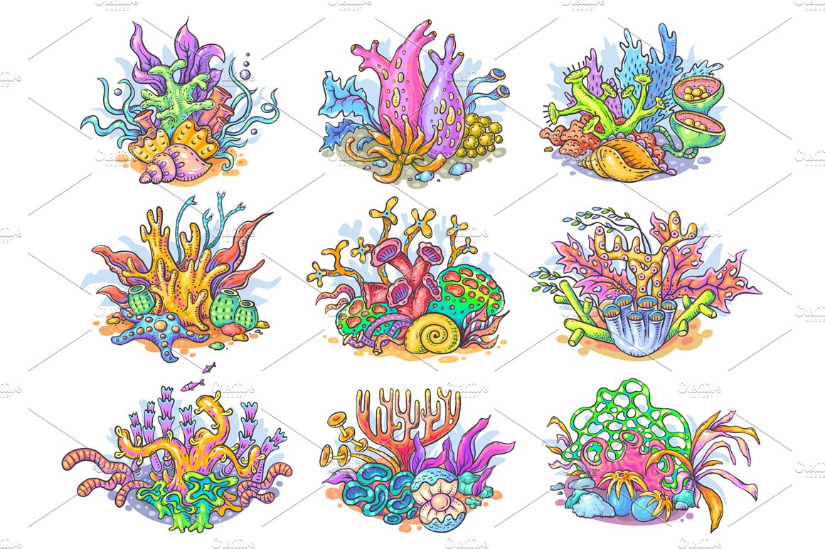 Cartoon corals sea ocean clipart set cover image.