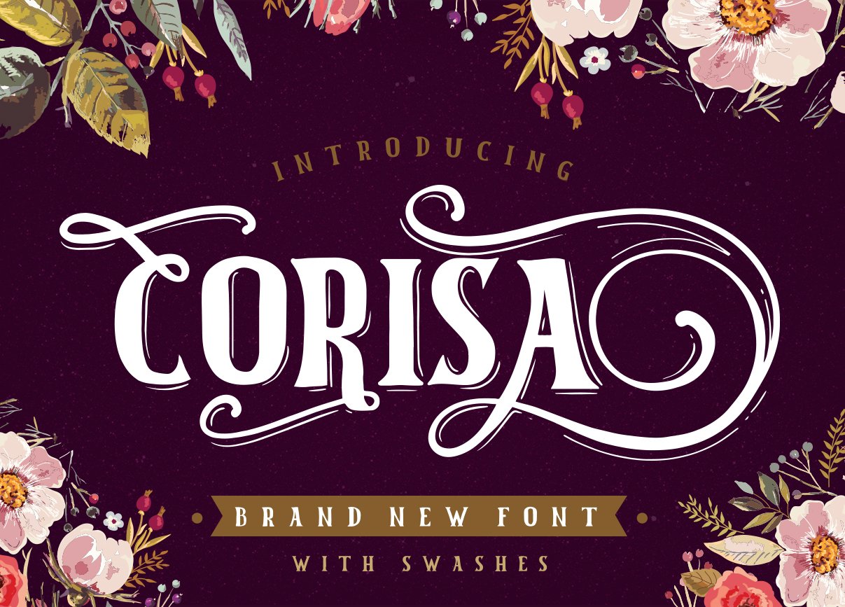 Corisa display font with swashes cover image.