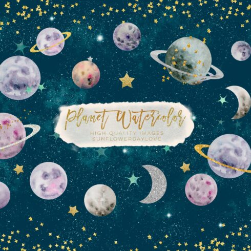 Planets watercolor clipart cover image.