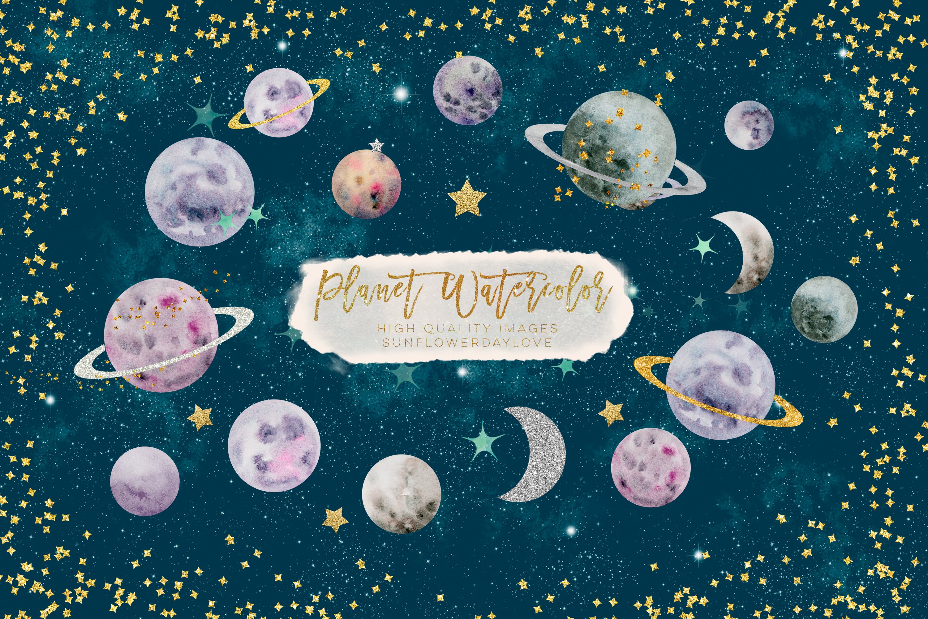 Planets watercolor clipart cover image.