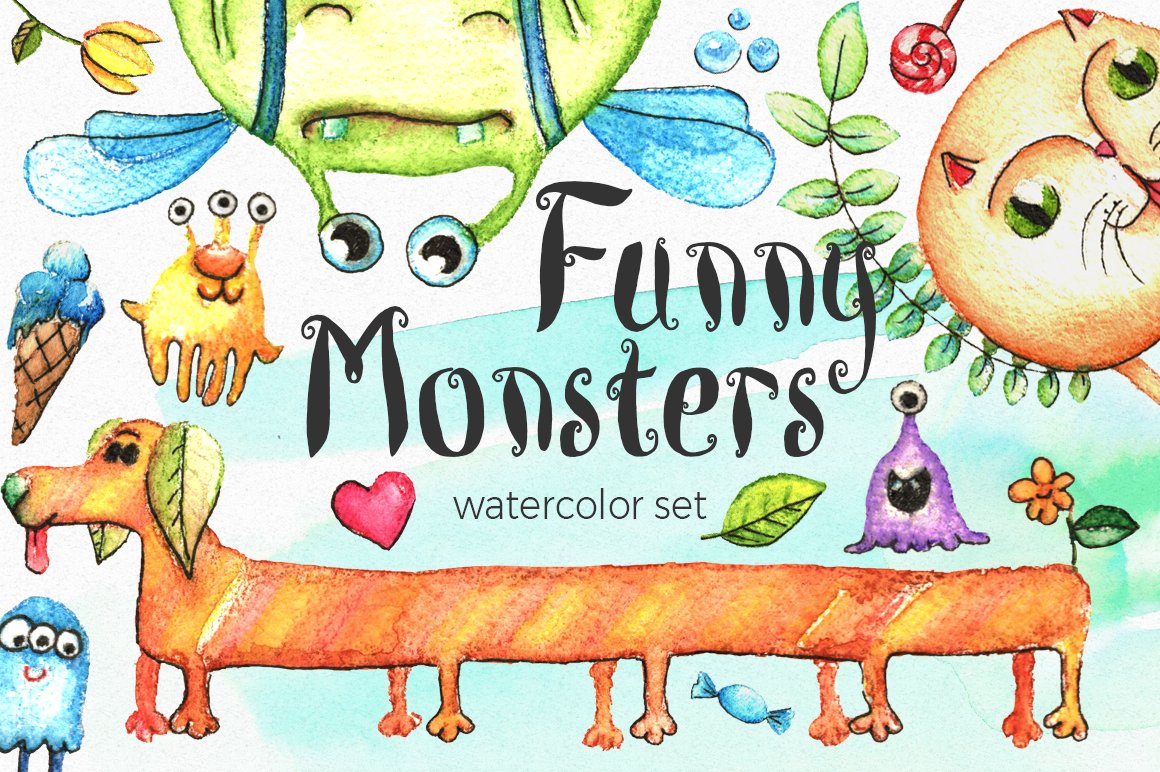 Watercolor Funny Monsters Set cover image.