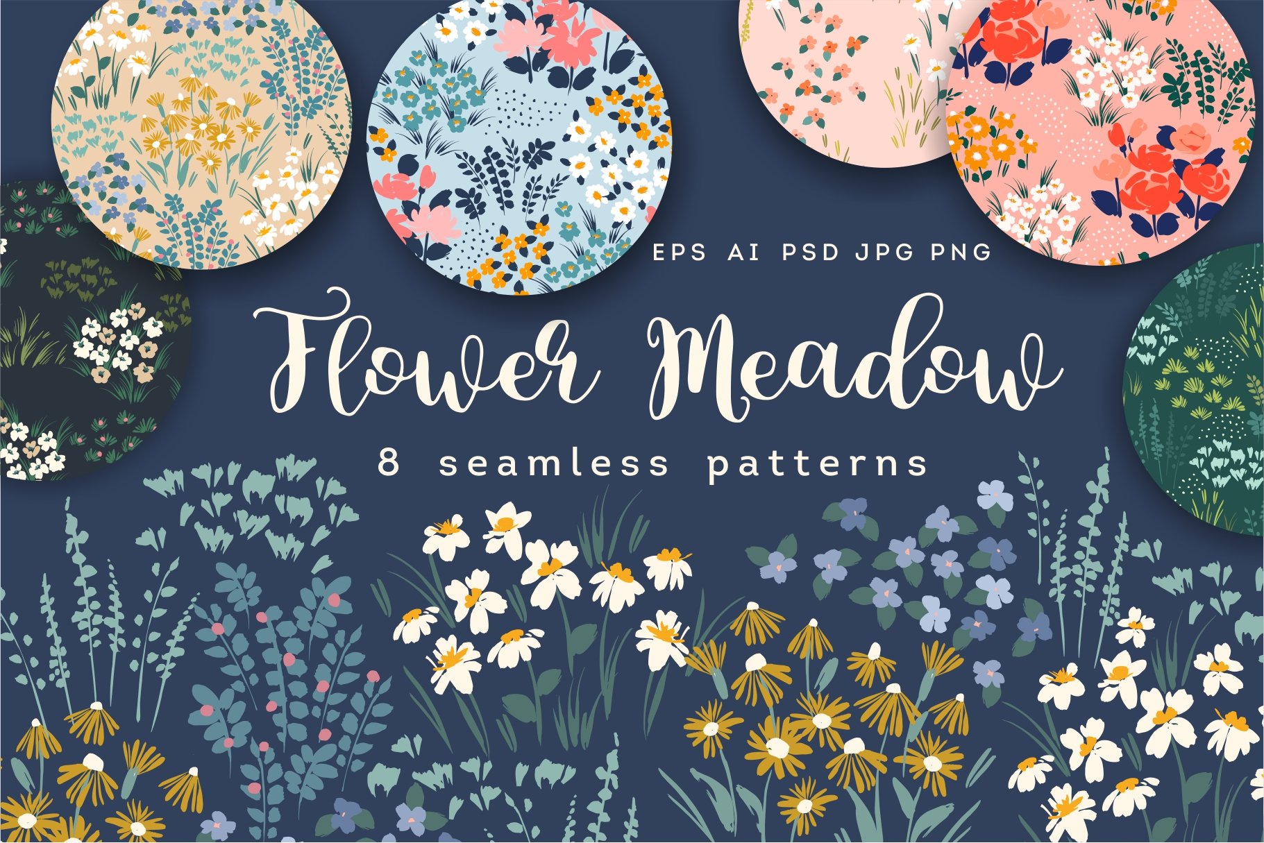 Flower Meadow. 8 seamless patterns cover image.