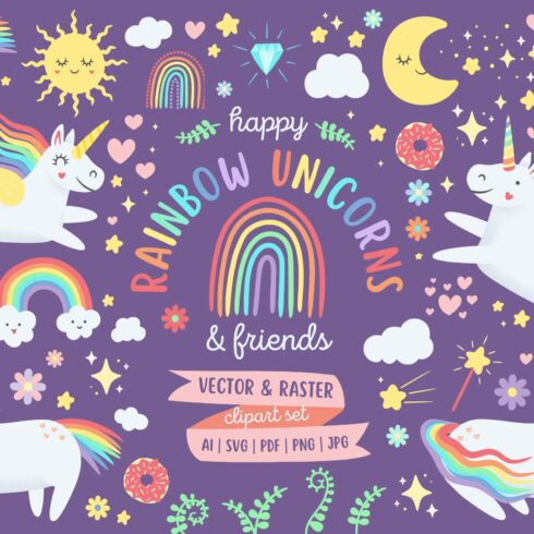 Happy Rainbow Unicorns Clipart Pack cover image.