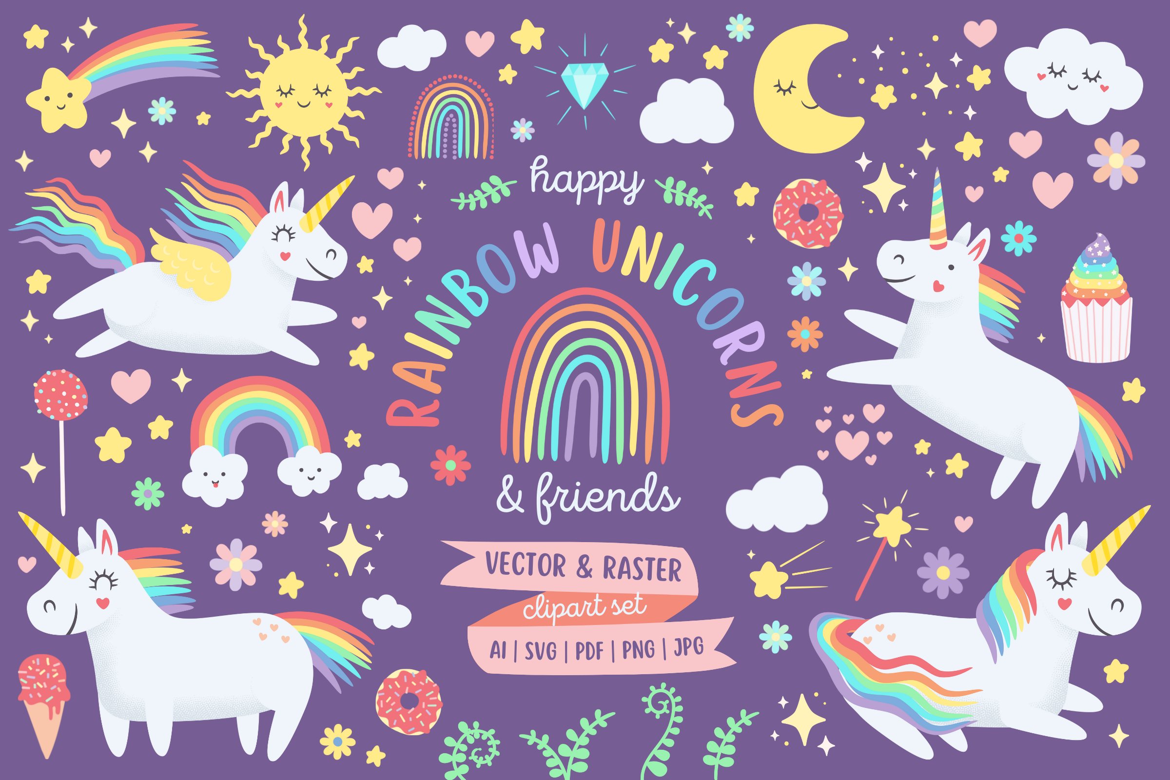 Happy Rainbow Unicorns Clipart Pack cover image.