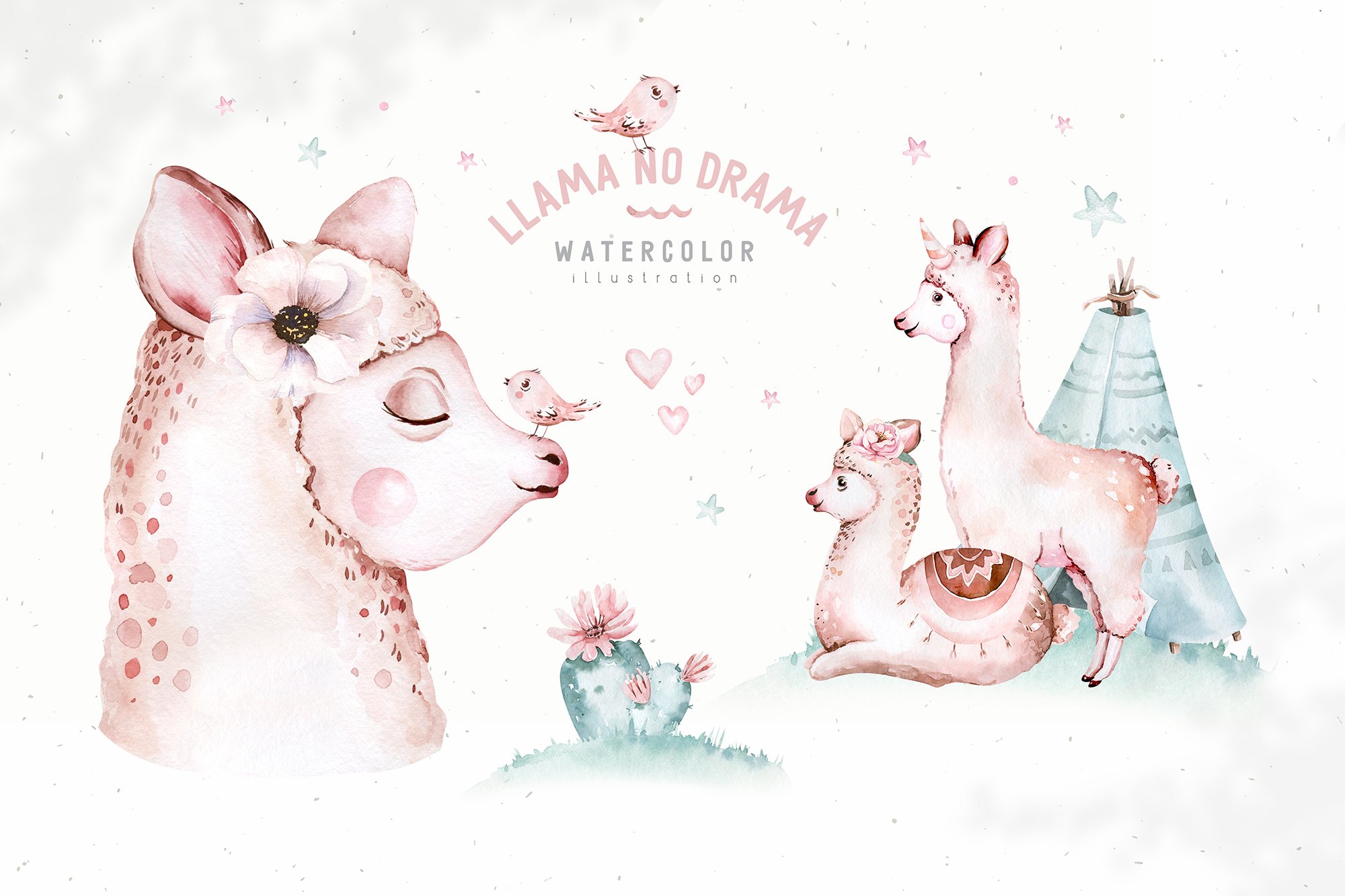 Llama no drama.Watercolor collection preview image.