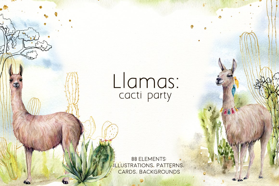 Llamas: cacti party watercolor llama cover image.