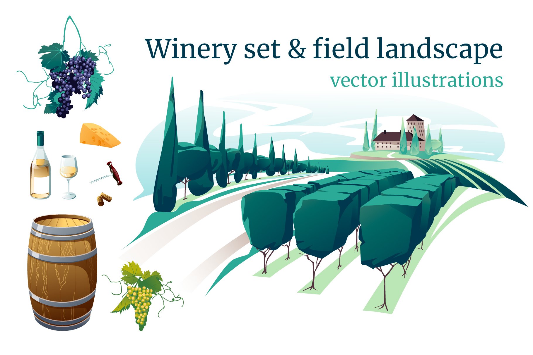Vineyard landscape & wine set cover image.