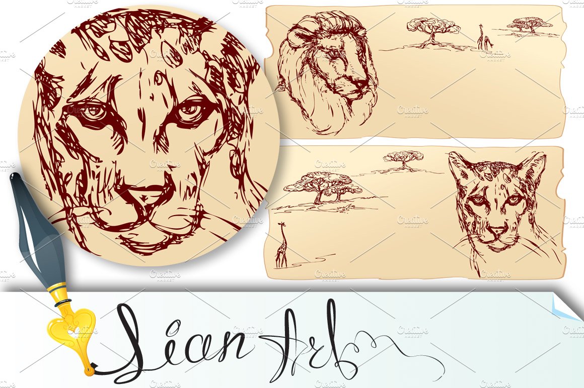 Lion and cheetah heads. cover image.