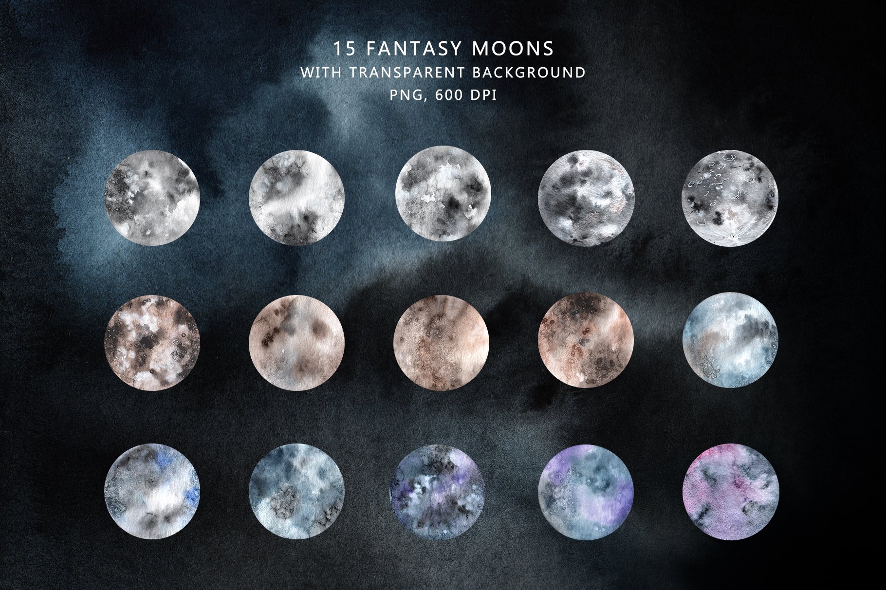 Watercolor fantasy moons preview image.