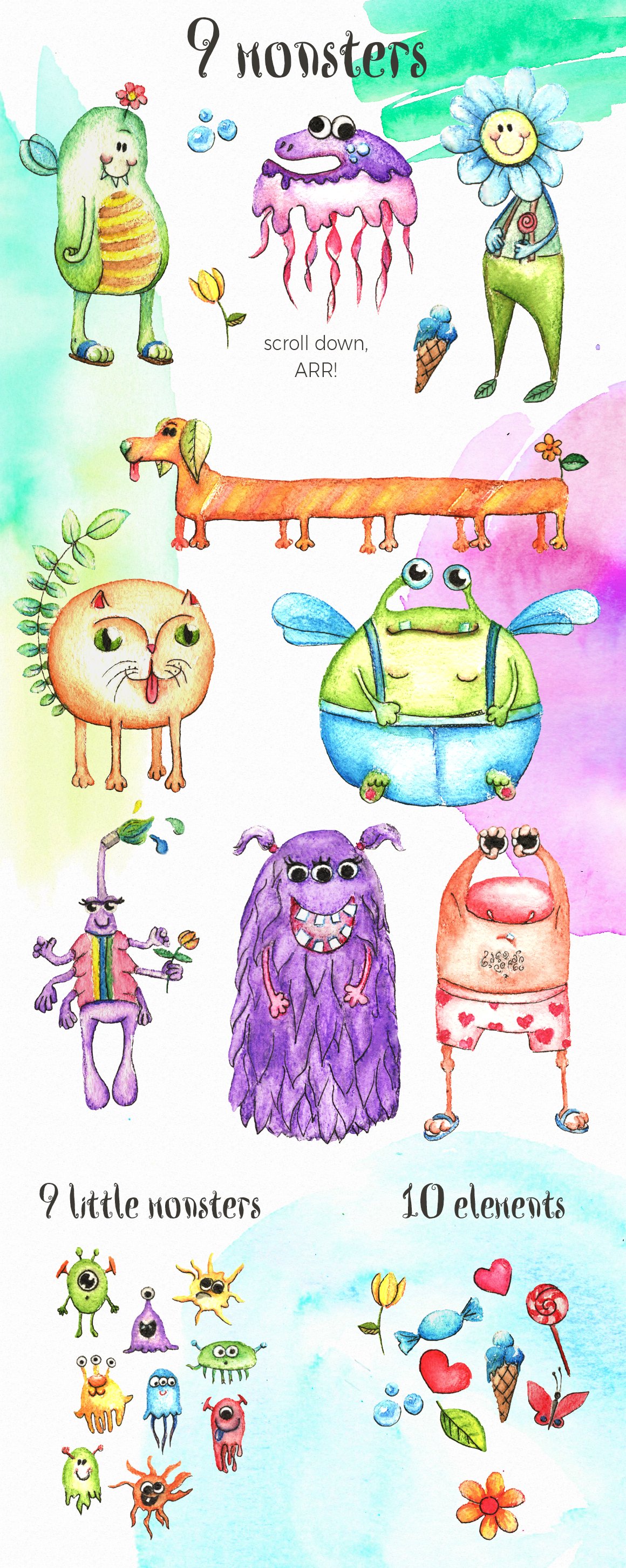 Watercolor Funny Monsters Set preview image.
