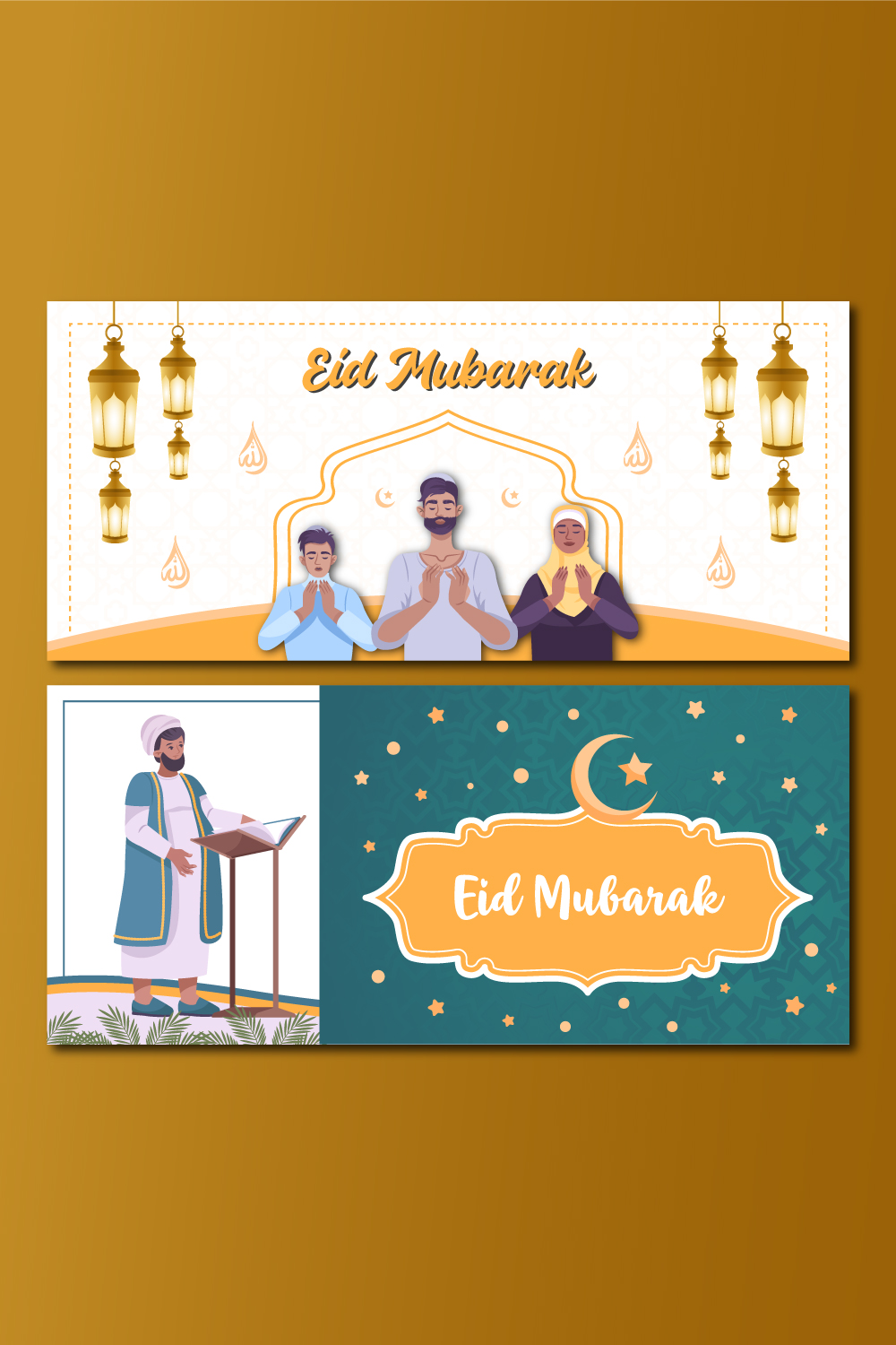 Eid mubarak wishes banner or social media facebook cover design with arabic decoration pinterest preview image.