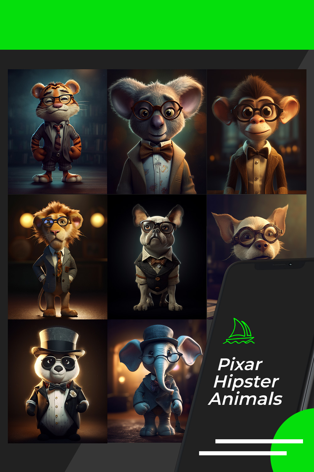 Pixar Hipster Animals Prompt pinterest preview image.