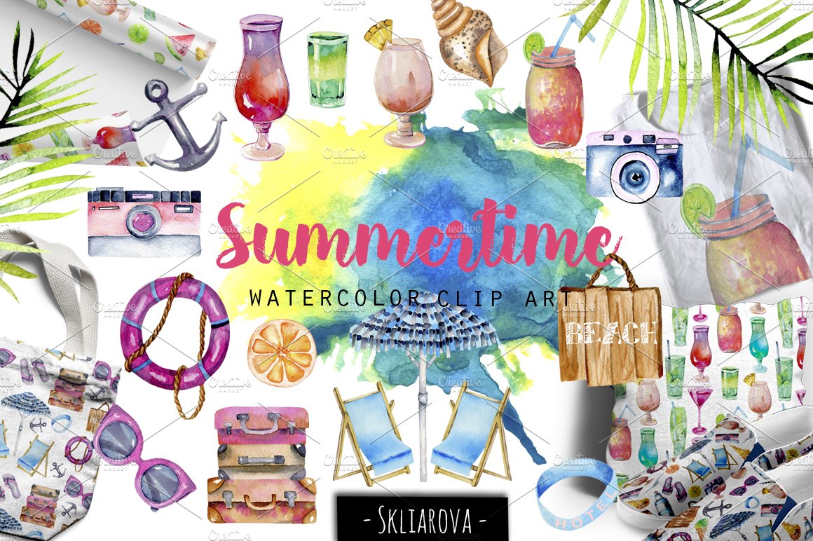 Summertime. Watercolor clip art. cover image.