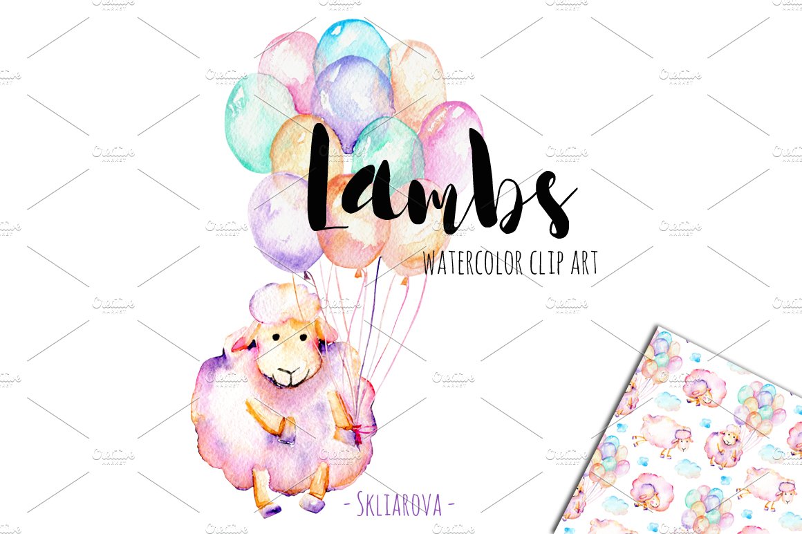 Lambs. Watercolor clipart cover image.