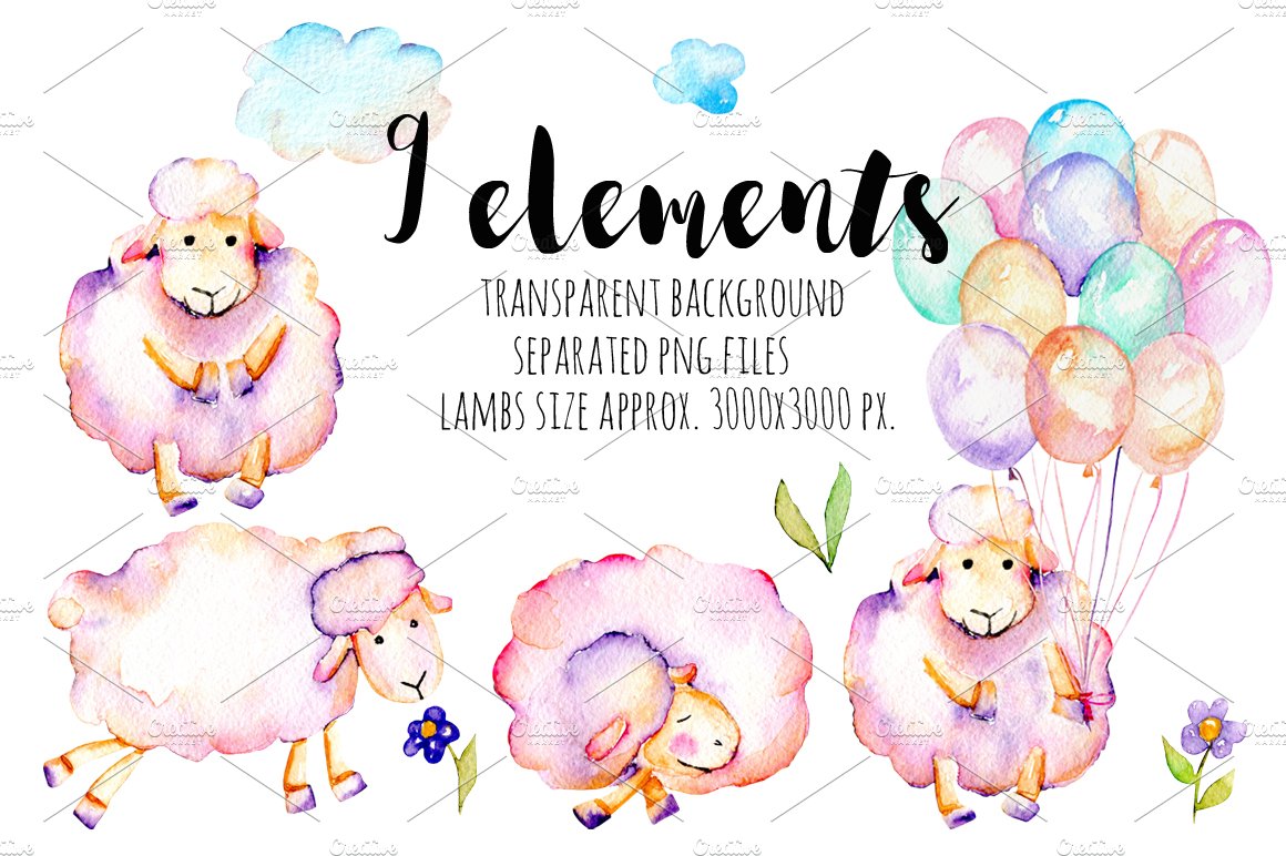 Lambs. Watercolor clipart preview image.