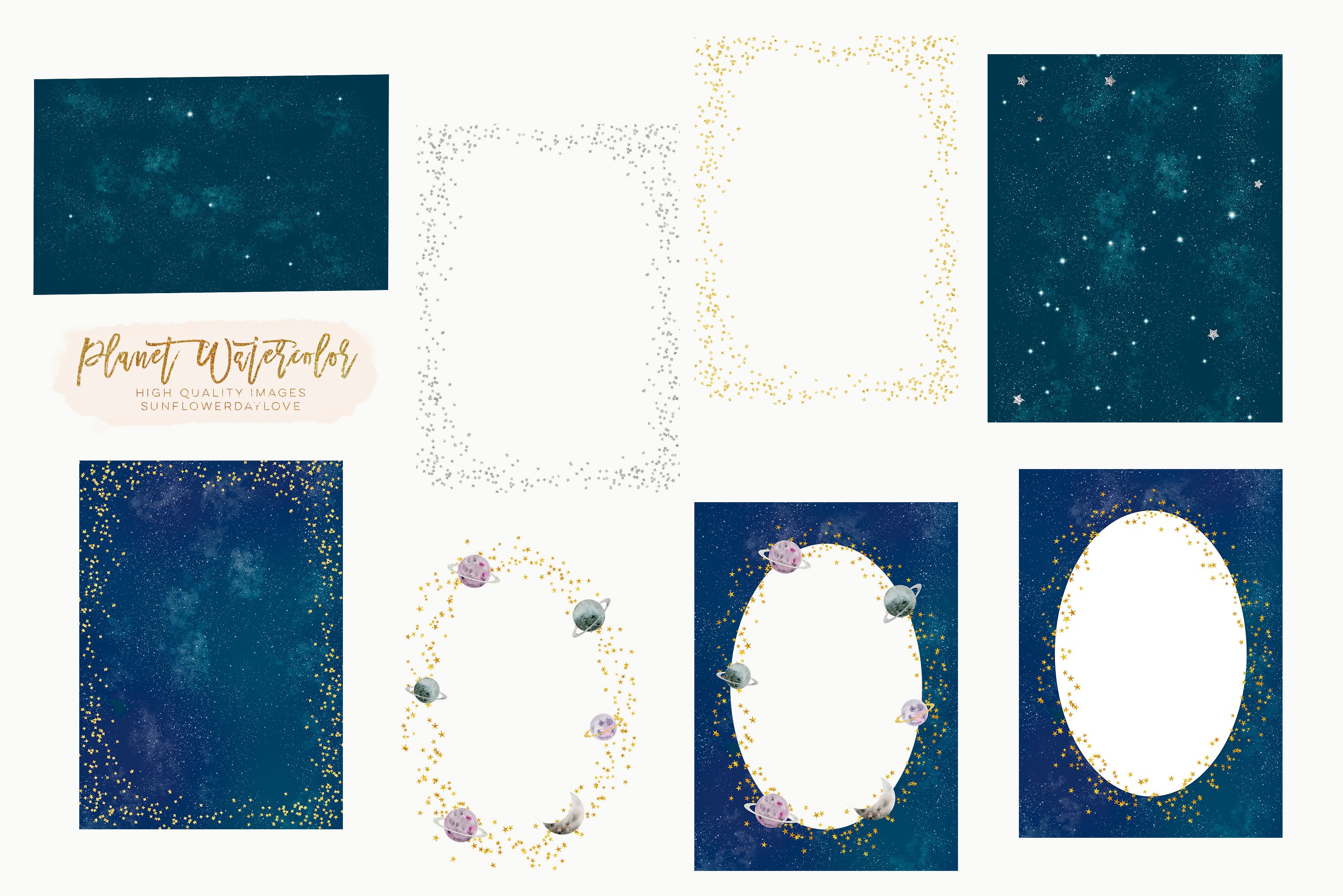 Planets watercolor clipart preview image.