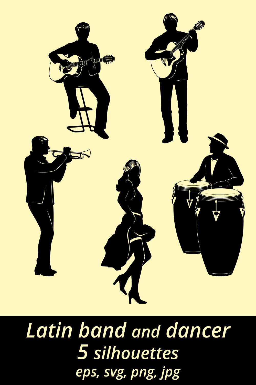 Latin Musicians and Dancer Silhouettes pinterest preview image.