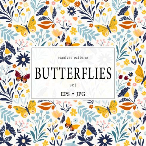 Butterflies seamless patterns set cover image.