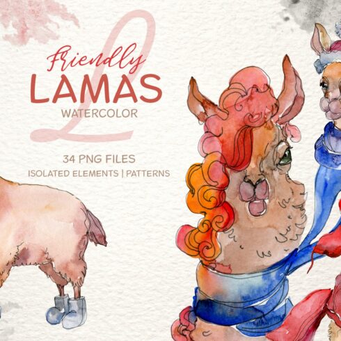 Watercolor llama clipart cover image.