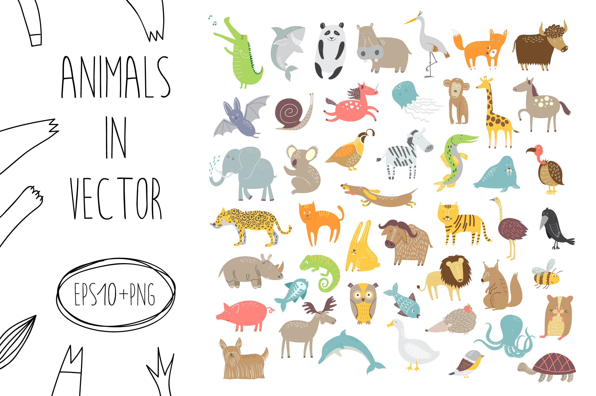 Cute animals collection in vector cover image.