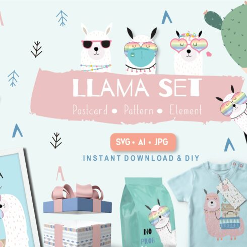 Cute llama set print and pattern cover image.