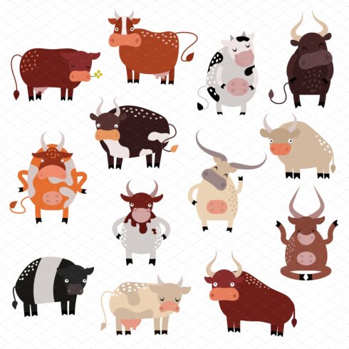 Cartoon cow action set vector cover image.