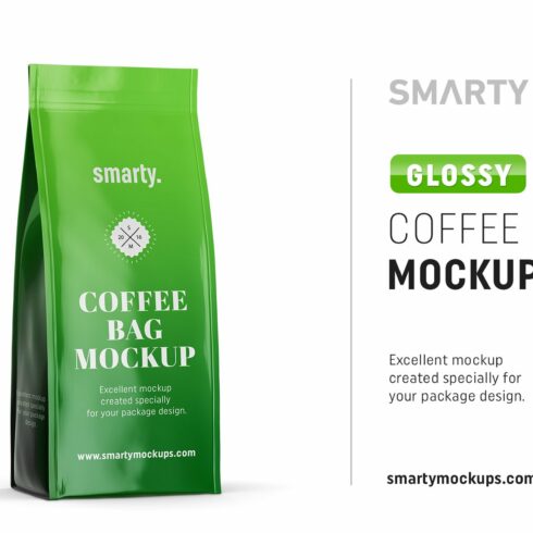 Glossy coffee bag mockup cover image.